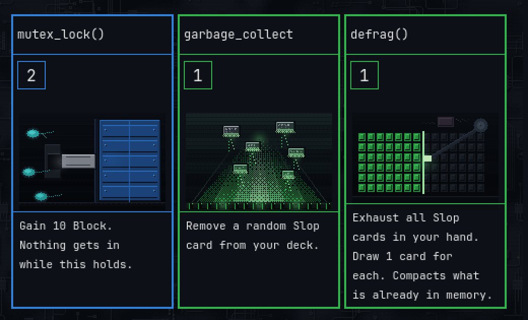 Three pixel-art cards: mutex_lock(), garbage_collect and defrag(), each with code-themed art and rules text.
