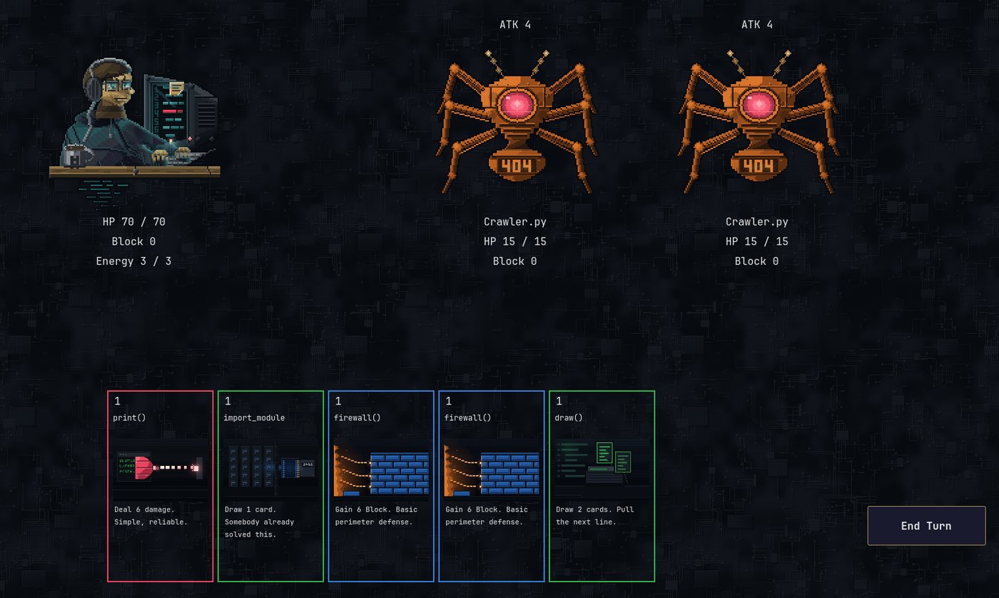 The same fight at Slop 0: clean pixel art with orange spiders.