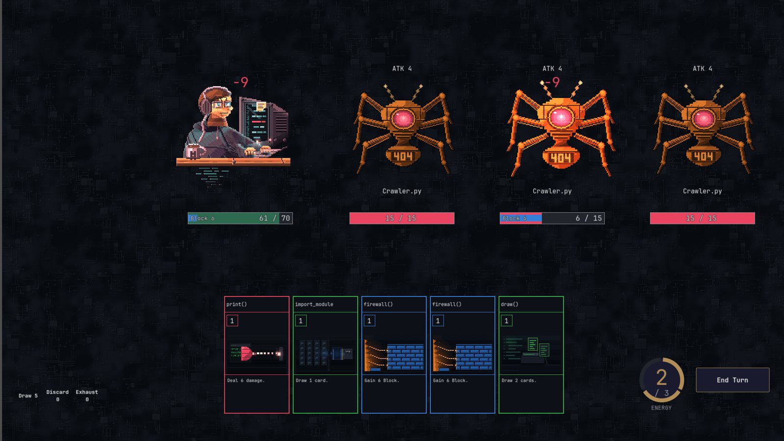 DEPRECATED combat: a pixel-art programmer at a desk faces three orange spider robots labelled Crawler.py, with a hand of five code-named cards below.