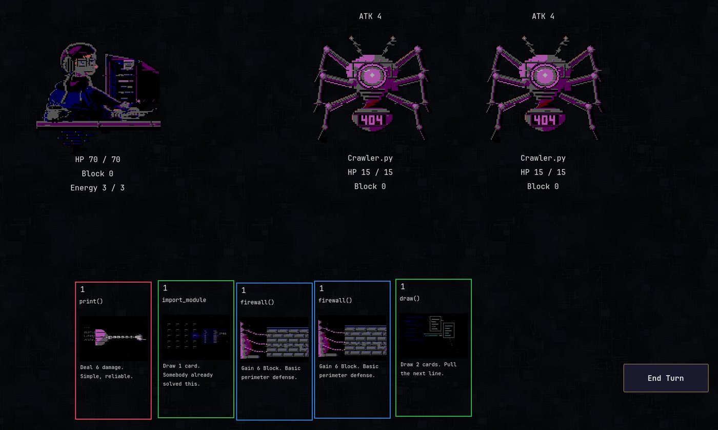 The same fight at total Slop: purple dithered corruption over every sprite and card.