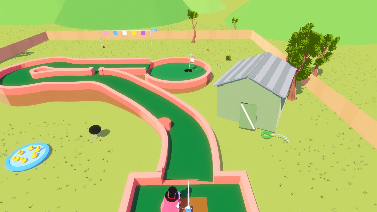 The backyard hole from above: a winding green course with salmon walls loops past a garden shed, a paddling pool of rubber ducks and a trampoline to a round green.