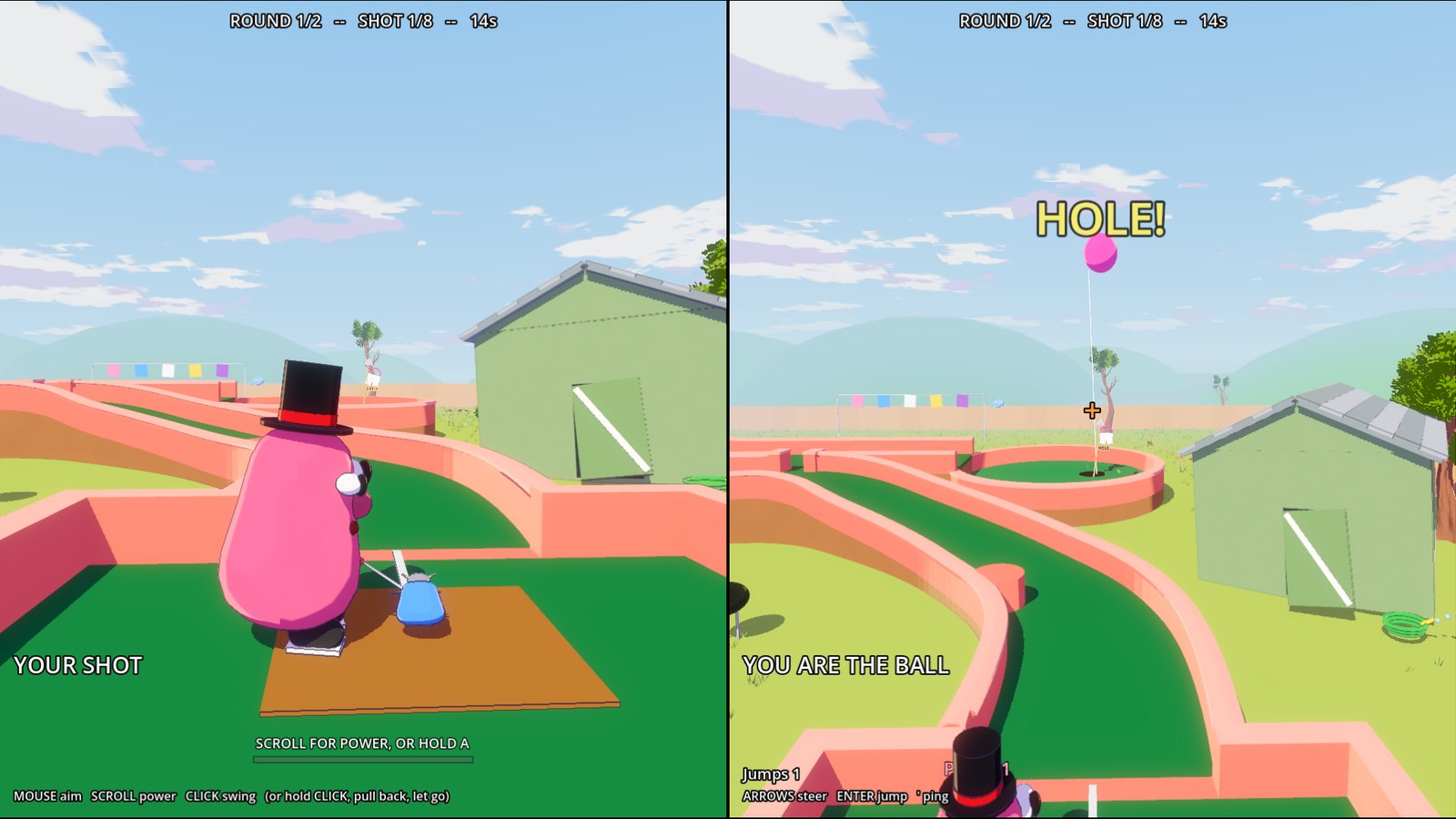 Split screen in the backyard hole: on the left a pink golfer in a top hat lines up on the tee mat, on the right the player who is the ball looks down the salmon-railed course to the flag.