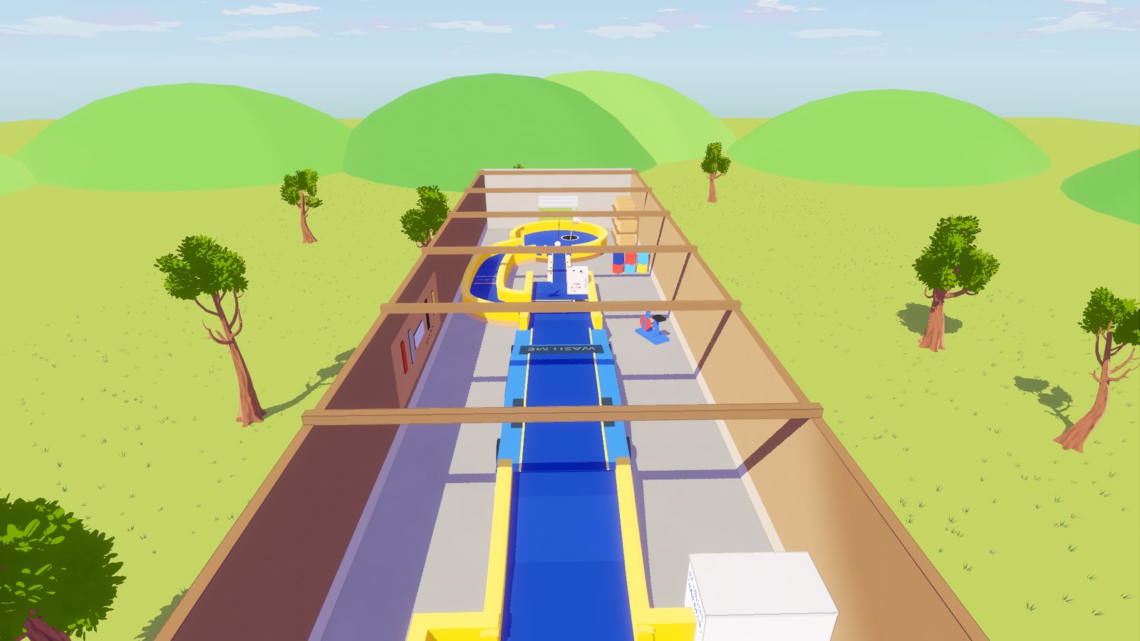 The garage hole from above: a long blue lane with yellow rails runs between brown walls and roof beams to a yellow loop around the cup at the back.