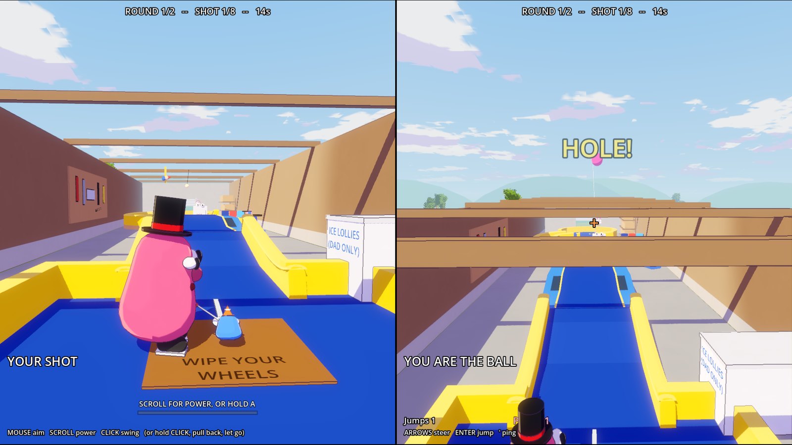 Split screen in the garage hole: the golfer stands on a 'Wipe your wheels' mat at the start of a blue lane with yellow rails, and the ball's view looks up the lane under the roof beams.