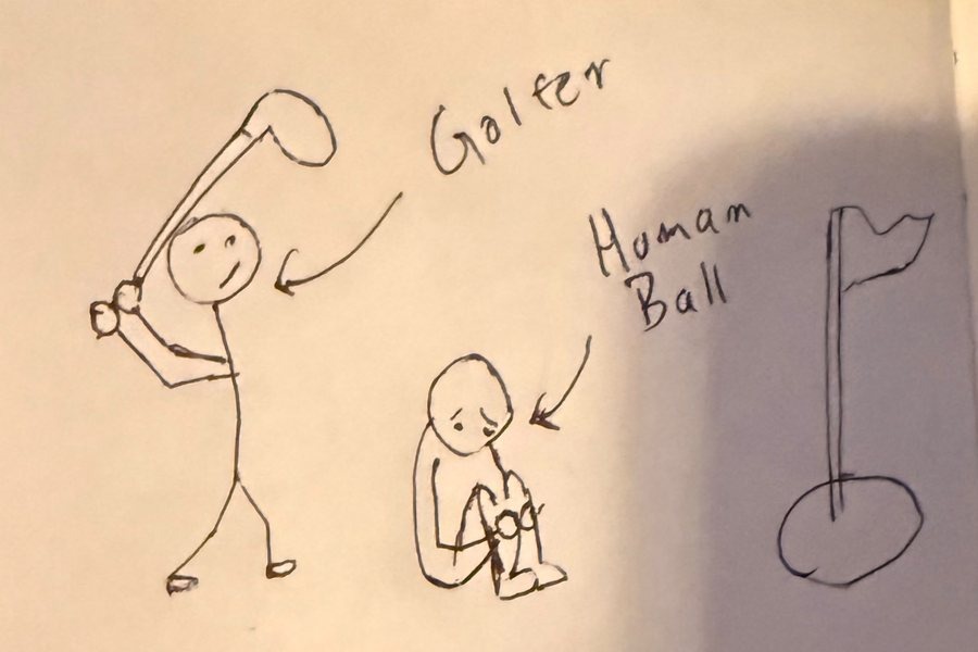 A hand-drawn notebook sketch: a stick-figure golfer mid-swing, a crouching 'human ball' and a flag in its hole.